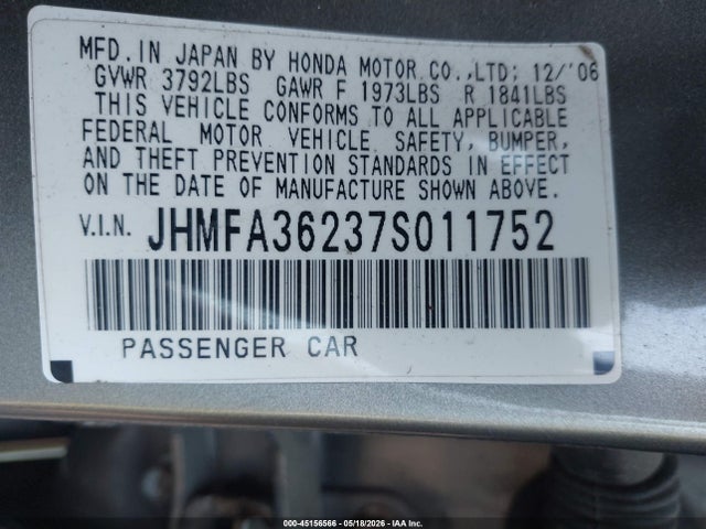 Aukcja sprzedaży 2007 Honda Civic Hybrid, vin: JHMFA36237S011752, numer aukcji: 45156566