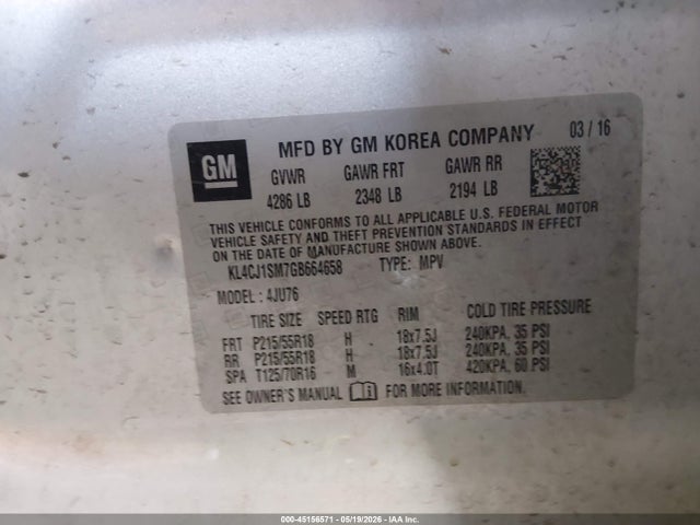 2016 Buick Encore Sport Touring მანქანა იყიდება აუქციონზე, vin: KL4CJ1SM7GB664658, აუქციონის ნომერი: 45156571