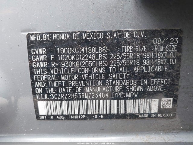 3CZRZ2H53RM723404 Honda Hr-v Awd Sport/awd Sport W/o Bsi