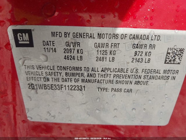 45156574 :رقم المزاد ، 2G1WB5E33F1122331 vin ، 2015 Chevrolet Impala Limited Lt مزاد بيع