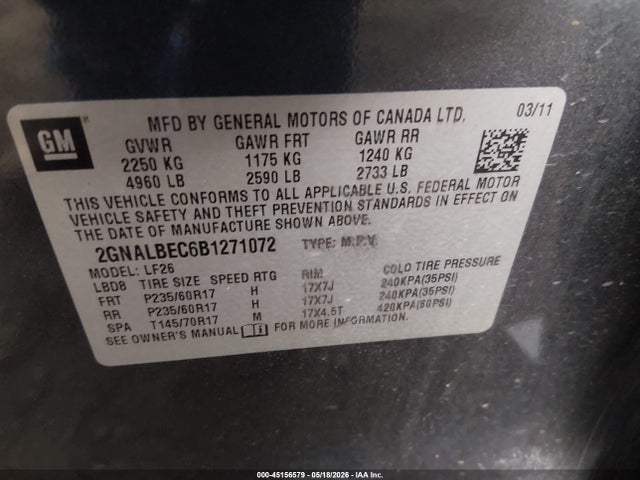 Продажа на аукционе авто 2011 Chevrolet Equinox Ls, vin: 2GNALBEC6B1271072, номер лота: 45156579