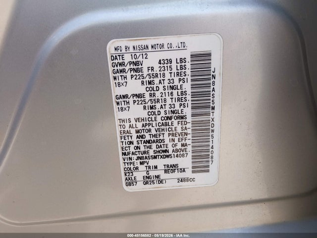 Продаж на аукціоні авто 2013 Nissan Rogue Sv W/sl Pkg, vin: JN8AS5MTXDW514087, номер лоту: 45156582