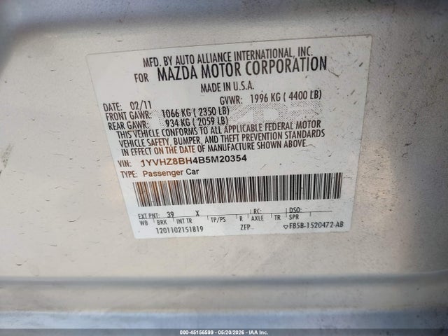 Aukcja sprzedaży 2011 Mazda Mazda6 I Sport, vin: 1YVHZ8BH4B5M20354, numer aukcji: 45156599