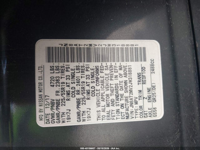 45156607 :رقم المزاد ، JN8AT2MV2JW318881 vin ، 2018 Nissan Rogue Sl مزاد بيع