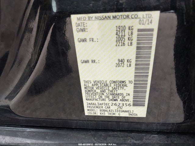 2014 Nissan Altima 2.5 S მანქანა იყიდება აუქციონზე, vin: 1N4AL3AP3EC262356, აუქციონის ნომერი: 45156612