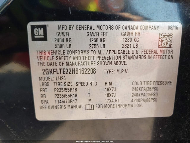 Aukcja sprzedaży 2017 Gmc Terrain Sle-2, vin: 2GKFLTE32H6162208, numer aukcji: 45156614
