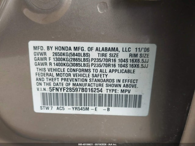 Продажа на аукционе авто 2007 Honda Pilot Ex-l, vin: 5FNYF28597B016254, номер лота: 45156621