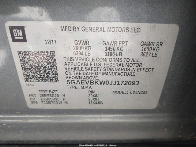 Aukcja sprzedaży 2018 Buick Enclave Premium, vin: 5GAEVBKW0JJ172093, numer aukcji: 45156625