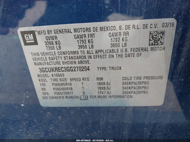 Aukcja sprzedaży 2016 Chevrolet Silverado 1500 2lt, vin: 3GCUKREC3GG270204, numer aukcji: 45156628