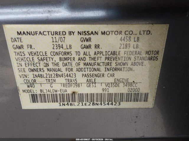 45156637 :رقم المزاد ، 1N4BL21E28N454423 vin ، 2008 Nissan Altima 3.5 Se مزاد بيع
