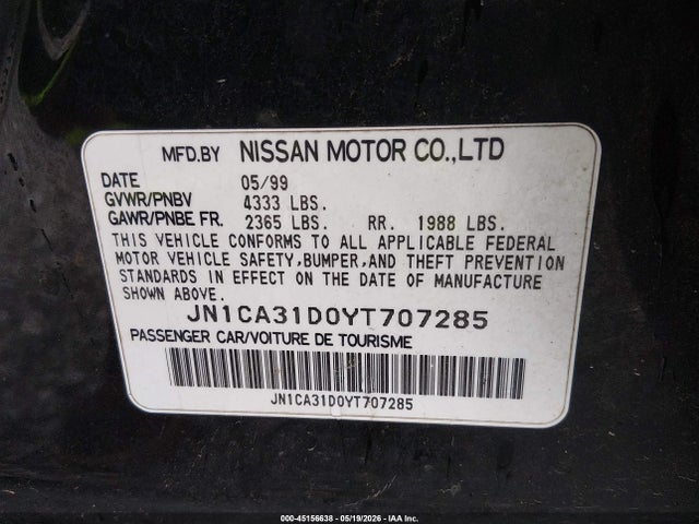 45156638 :رقم المزاد ، JN1CA31D0YT707285 vin ، 2000 Nissan Maxima Gle/gxe/se مزاد بيع