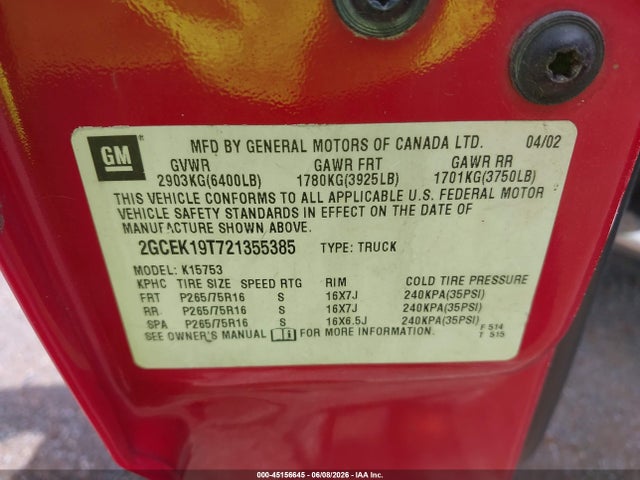 Aukcja sprzedaży 2002 Chevrolet Silverado 1500 Ls, vin: 2GCEK19T721355385, numer aukcji: 45156645