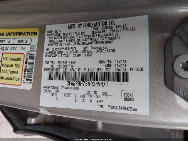 Aukcja sprzedaży 2017 Ford Fusion Se, vin: 3FA6P0H75HR349471, numer aukcji: 45156651