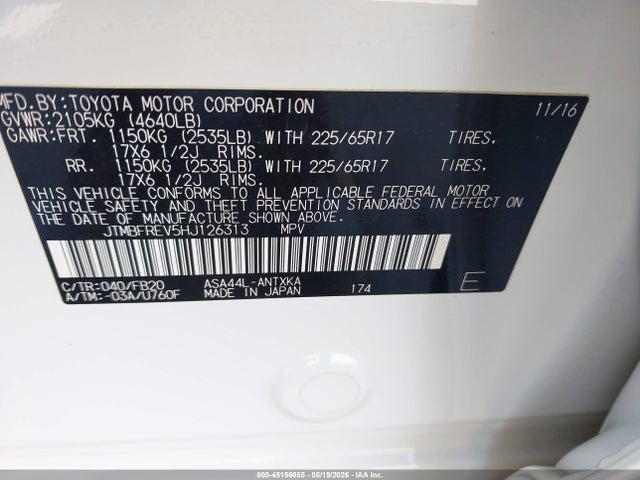 2017 Toyota Rav4 Le მანქანა იყიდება აუქციონზე, vin: JTMBFREV5HJ126313, აუქციონის ნომერი: 45156655