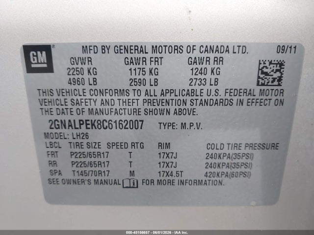 Продаж на аукціоні авто 2012 Chevrolet Equinox 2lt, vin: 2GNALPEK8C6162007, номер лоту: 45156657