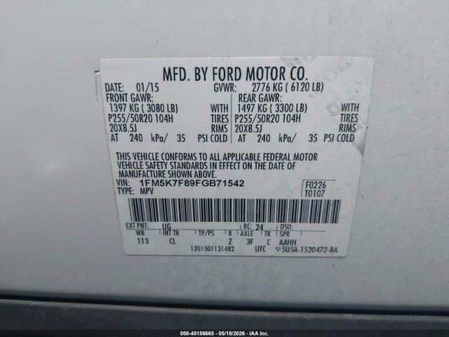 2015 Ford Explorer Limited მანქანა იყიდება აუქციონზე, vin: 1FM5K7F89FGB71542, აუქციონის ნომერი: 45156665