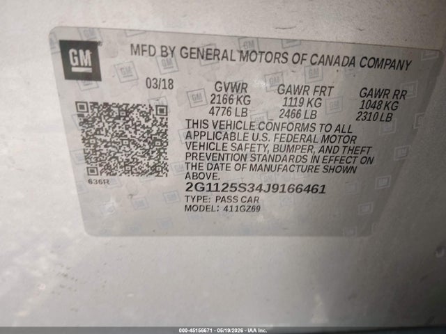 45156671 :رقم المزاد ، 2G1125S34J9166461 vin ، 2018 Chevrolet Impala 2lz مزاد بيع