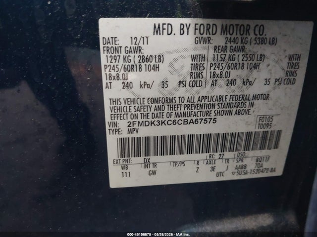 Продаж на аукціоні авто 2012 Ford Edge Limited, vin: 2FMDK3KC6CBA67575, номер лоту: 45156675