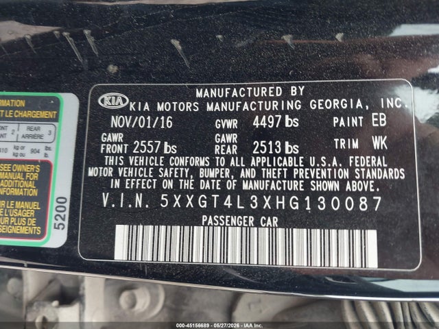 45156689 :رقم المزاد ، 5XXGT4L3XHG130087 vin ، 2017 Kia Optima Lx مزاد بيع