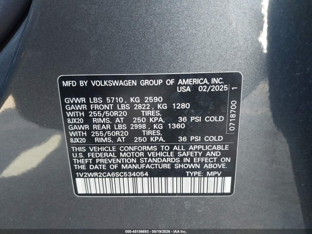 2025 Volkswagen Atlas 2.0t Se W/technology მანქანა იყიდება აუქციონზე, vin: 1V2WR2CA6SC534054, აუქციონის ნომერი: 45156693