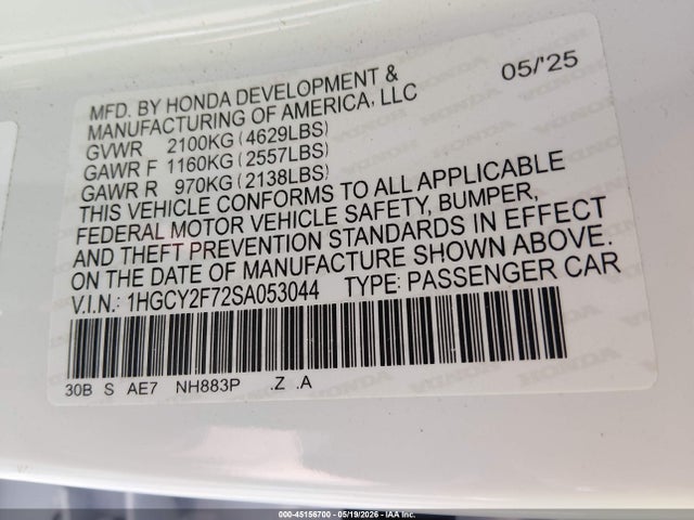 Auction sale of the 2025 Honda Accord Hybrid Sport-l, vin: 1HGCY2F72SA053044, lot number: 45156700