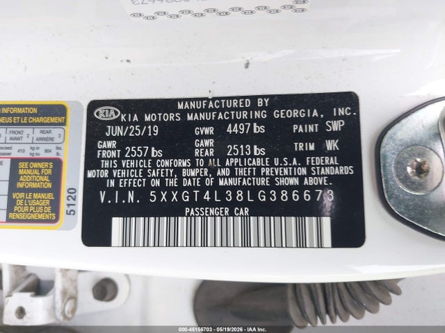2020 Kia Optima Lx მანქანა იყიდება აუქციონზე, vin: 5XXGT4L38LG386673, აუქციონის ნომერი: 45156703