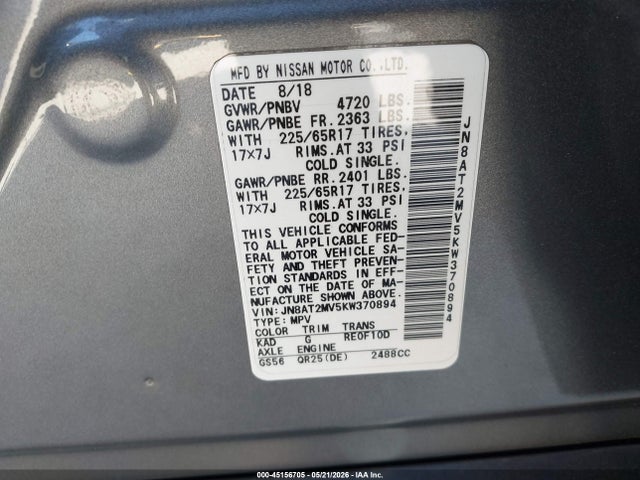 Aukcja sprzedaży 2019 Nissan Rogue Sv, vin: JN8AT2MV5KW370894, numer aukcji: 45156705