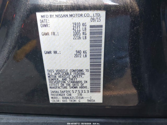 Aukcja sprzedaży 2015 Nissan Altima 2.5 Sv, vin: 1N4AL3AP3FC575313, numer aukcji: 45156712