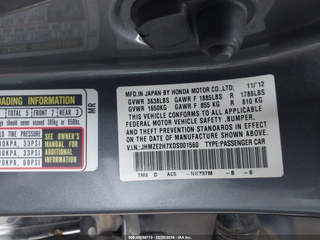 Aukcja sprzedaży 2013 Honda Insight Ex, vin: JHMZE2H7XDS001560, numer aukcji: 45156713