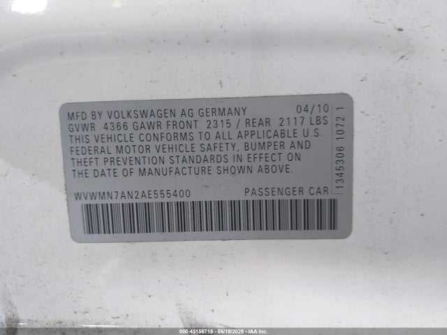 Aukcja sprzedaży 2010 Volkswagen Cc Sport, vin: WVWMN7AN2AE555400, numer aukcji: 45156715