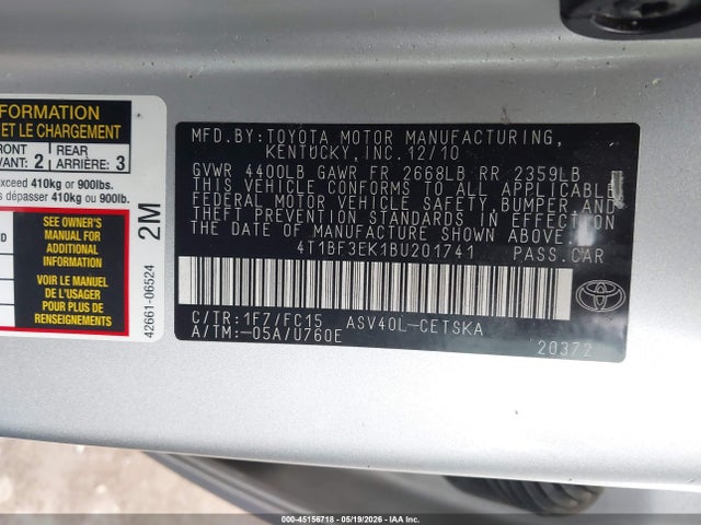 Aukcja sprzedaży 2011 Toyota Camry Se, vin: 4T1BF3EK1BU201741, numer aukcji: 45156718