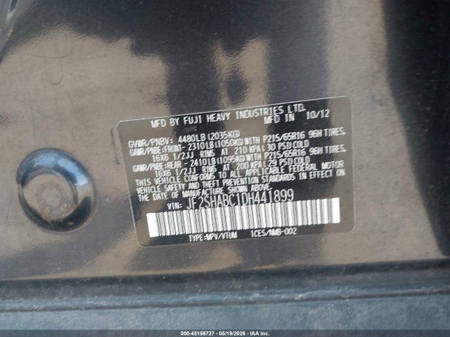 Aukcja sprzedaży 2013 Subaru Forester 2.5x, vin: JF2SHABC1DH441899, numer aukcji: 45156727