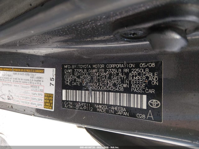 45156728 :رقم المزاد ، JTDKB20U083425438 vin ، 2008 Toyota Prius مزاد بيع