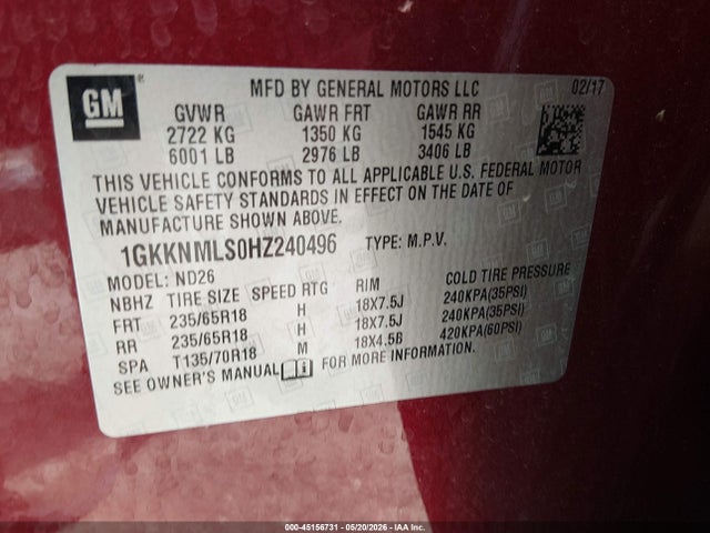 1GKKNMLS0HZ240496 GMC Acadia Slt-1