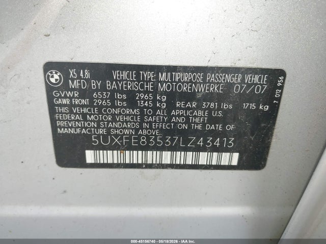 Aukcja sprzedaży 2007 Bmw X5 4.8i, vin: 5UXFE83537LZ43413, numer aukcji: 45156740