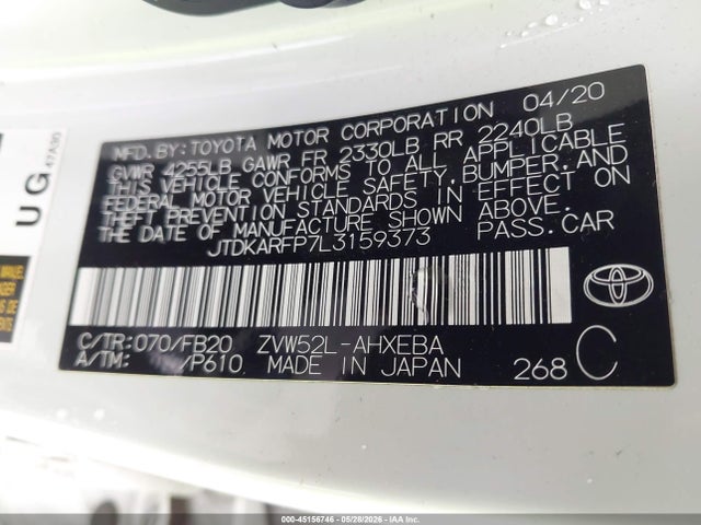 2020 Toyota Prius Prime Le მანქანა იყიდება აუქციონზე, vin: JTDKARFP7L3159373, აუქციონის ნომერი: 45156746