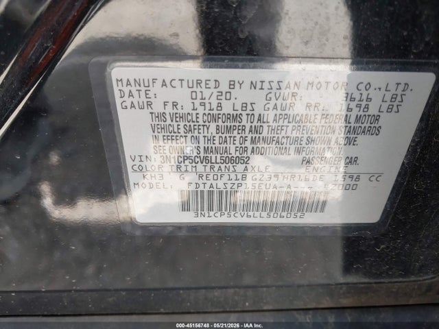 Продаж на аукціоні авто 2020 Nissan Kicks Sv Xtronic Cvt, vin: 3N1CP5CV6LL506052, номер лоту: 45156748