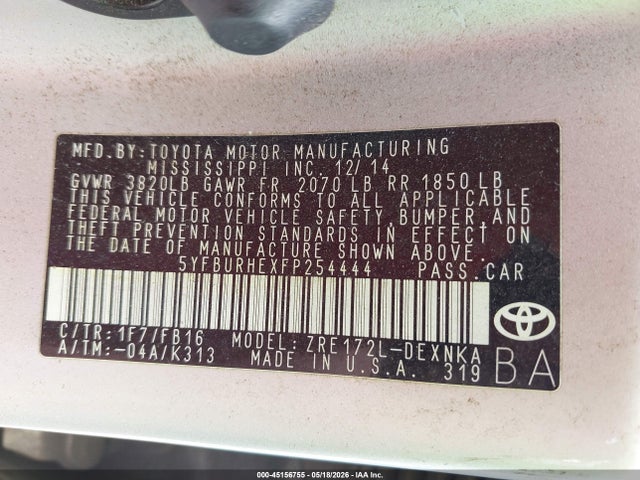 Продаж на аукціоні авто 2015 Toyota Corolla Le Plus, vin: 5YFBURHEXFP254444, номер лоту: 45156755