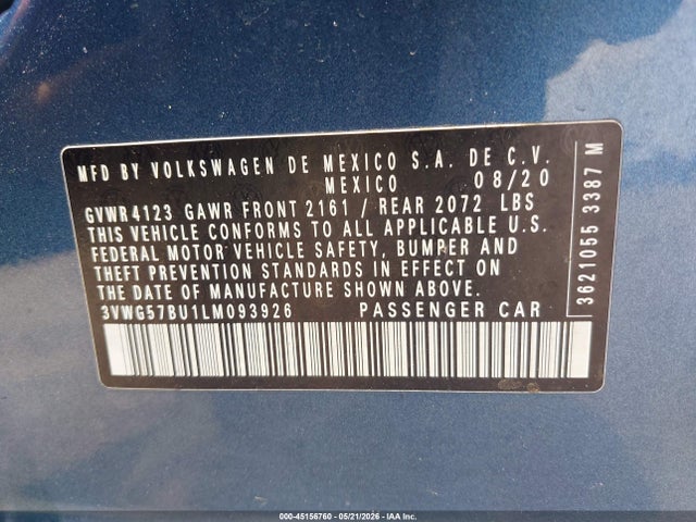 Aukcja sprzedaży 2020 Volkswagen Jetta 1.4t Sel Premium, vin: 3VWG57BU1LM093926, numer aukcji: 45156760