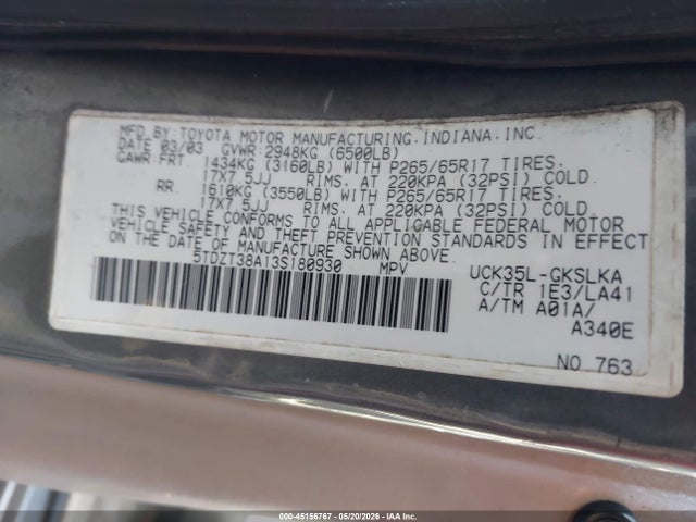 Продажа на аукционе авто 2003 Toyota Sequoia Limited V8, vin: 5TDZT38A13S180930, номер лота: 45156767