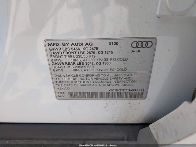 45156769 :رقم المزاد ، WA1BNAFY1L2064418 vin ، 2020 Audi Q5 Premium Plus 45 Tfsi Quattro S Tronic مزاد بيع