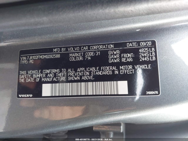 2021 Volvo S60 T5 R-design მანქანა იყიდება აუქციონზე, vin: 7JR102FM0MG092588, აუქციონის ნომერი: 45156770
