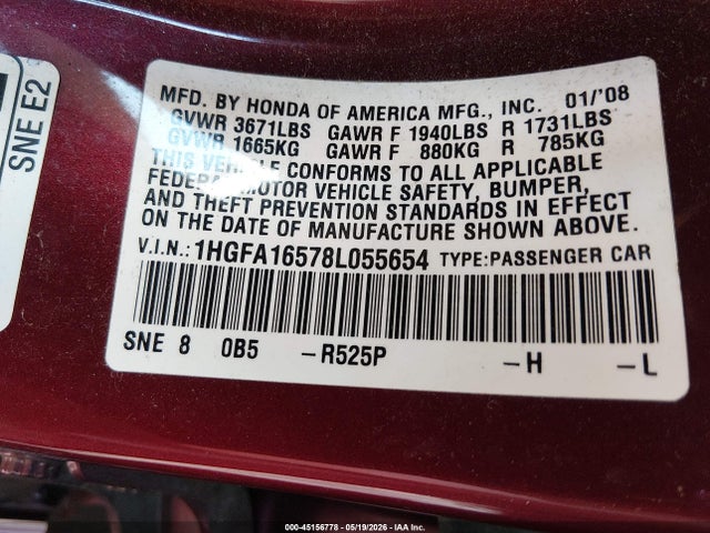 Aukcja sprzedaży 2008 Honda Civic Lx, vin: 1HGFA16578L055654, numer aukcji: 45156778