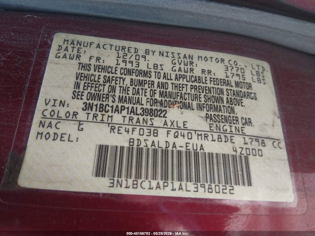 Продаж на аукціоні авто 2010 Nissan Versa 1.8s, vin: 3N1BC1AP1AL398022, номер лоту: 45156792