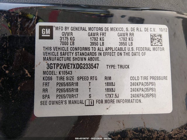2013 Gmc Sierra 1500 Slt მანქანა იყიდება აუქციონზე, vin: 3GTP2WE7XDG233547, აუქციონის ნომერი: 45156797