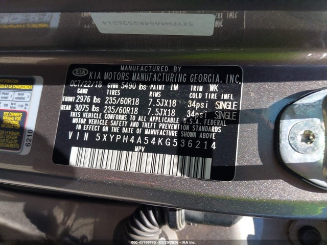 45156799 :رقم المزاد ، 5XYPH4A54KG536214 vin ، 2019 Kia Sorento 3.3l Ex مزاد بيع