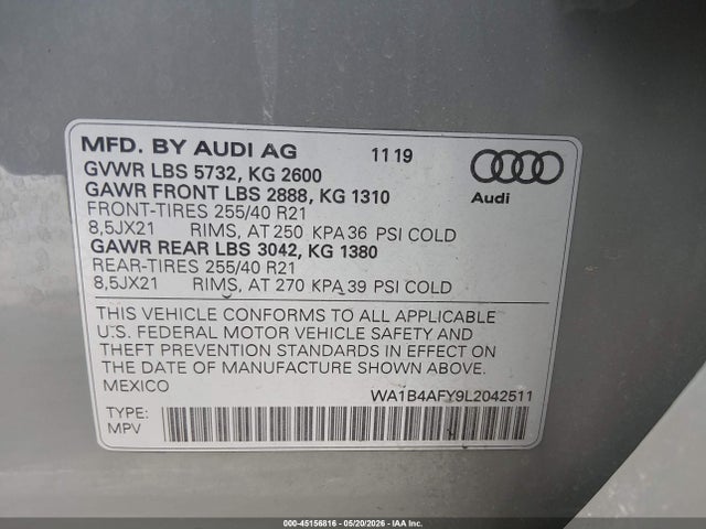 Продаж на аукціоні авто 2020 Audi Sq5 Premium Plus Tfsi Quattro Tiptronic, vin: WA1B4AFY9L2042511, номер лоту: 45156816