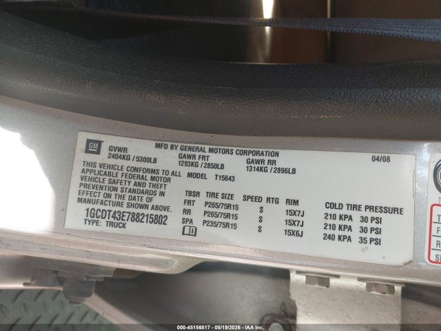 Продаж на аукціоні авто 2008 Chevrolet Colorado Lt, vin: 1GCDT43E788215802, номер лоту: 45156817