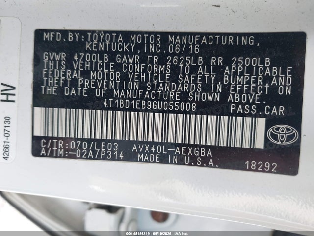 4T1BD1EB9GU055008 Toyota Avalon Hybrid Xle Premium