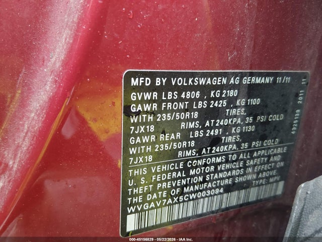 45156829 :رقم المزاد ، WVGAV7AX5CW003094 vin ، 2012 Volkswagen Tiguan Se مزاد بيع